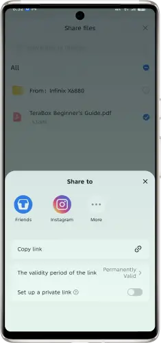 Terabox Mod APK file sharing feature using secure cloud links to send large files and folders easily while maintaining privacy and controlled access.