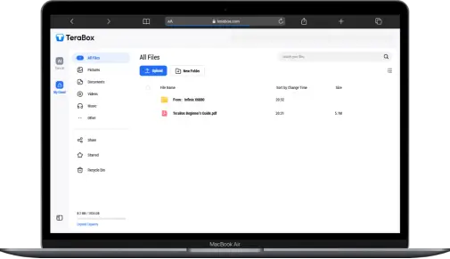 Terabox cloud storage interface showing large free storage for files and backups